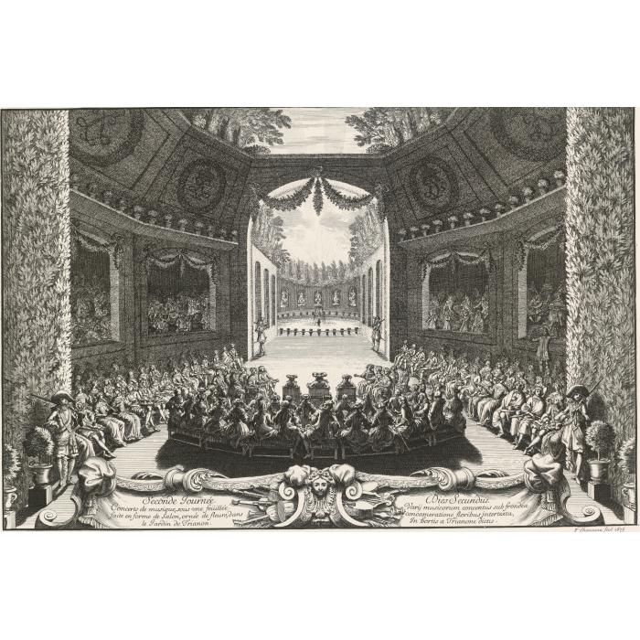 Second day. Music concert under a foliage in the form of a salon, in the Trianon garden - Une estampe d’après François Chauveau