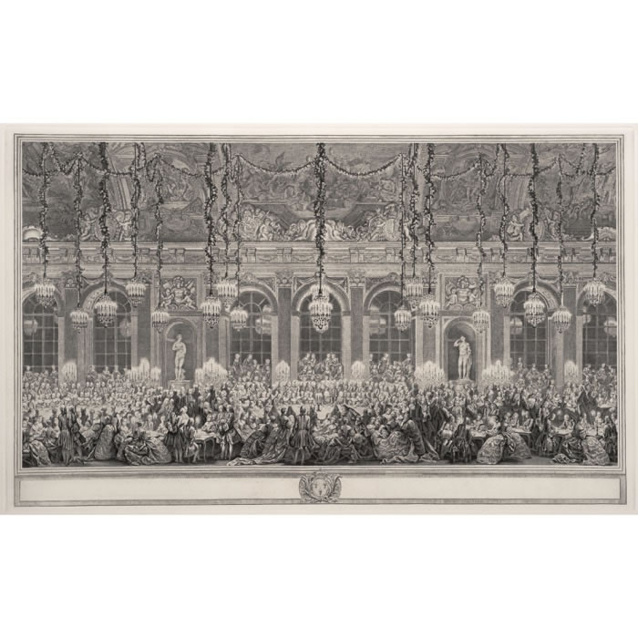 Le jeu du roi et de la reine dans la grande galerie du château de Versailles - Une estampe d’après Charles-Nicolas Cochin le Fils
