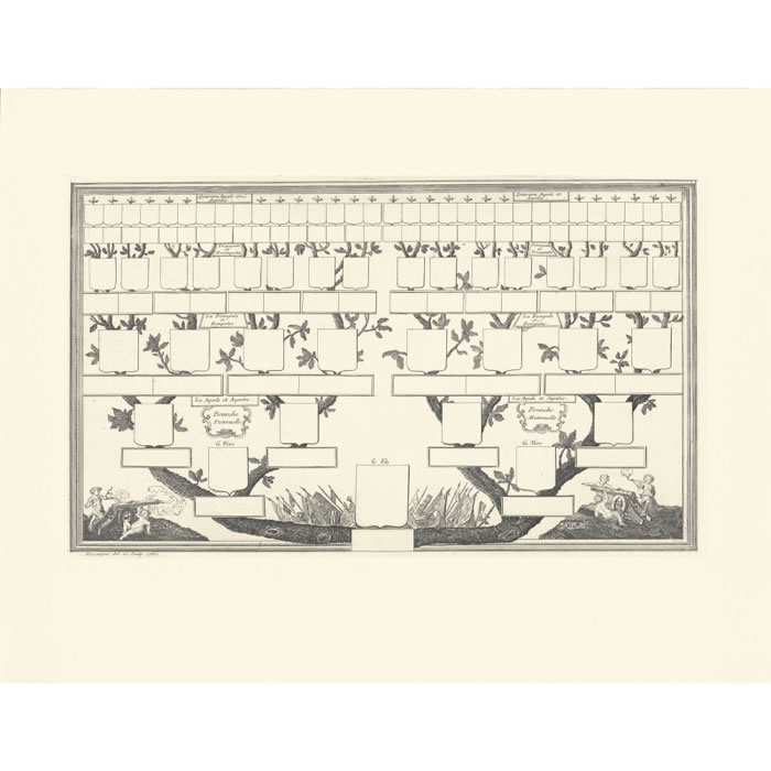 Arbre généalogique de 32 quartiers réservés en blanc - Une estampe d’après Louis-François Docaigne