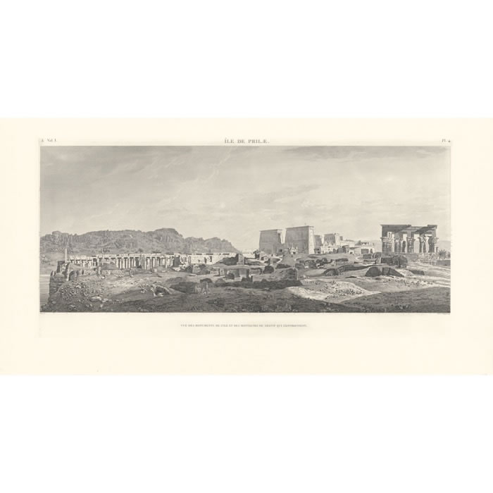 Ile de Philae. Vue des monuments de l’île et des montagnes de granit qui l’environnent