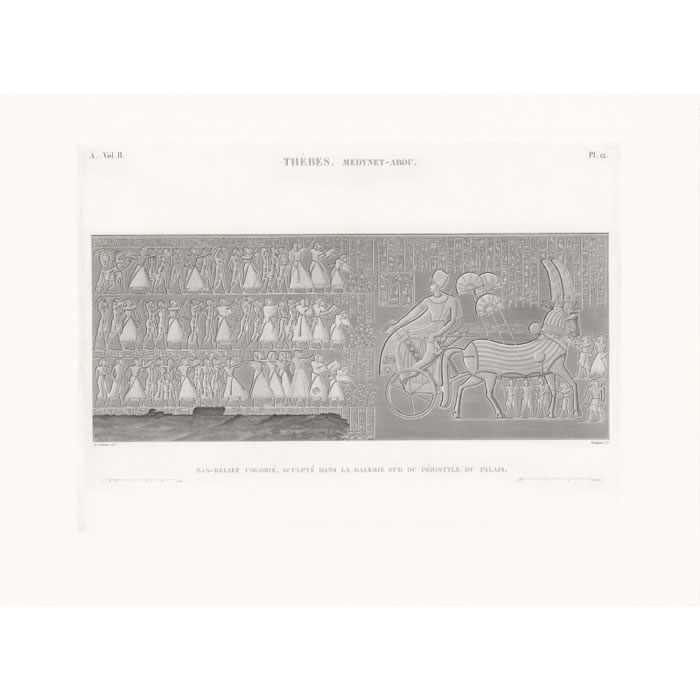 Thèbes. Medinet-Habou. Bas-relief colorié sculpté dans la galerie sud du péristyle du palais - Une estampe d’après Henri-Joseph Redouté