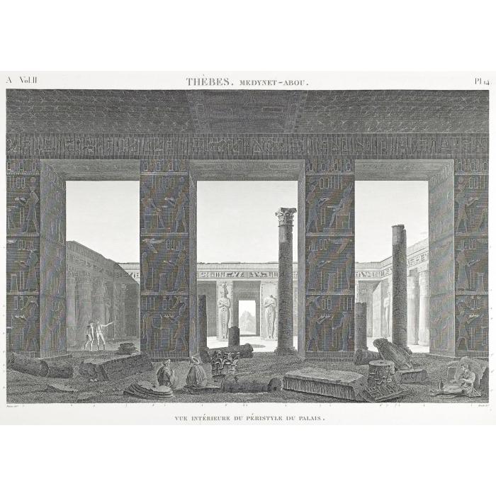 Thèbes. Memnonium. Plan, élévation, coupes et détails de chapiteaux et de pilastres du temple de l’ouest