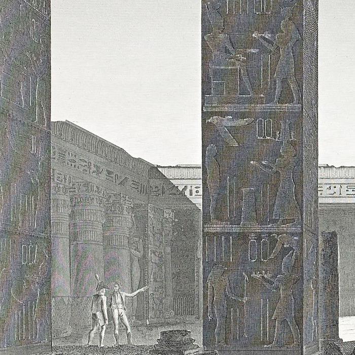 Thèbes. Memnonium. Plan, élévation, coupes et détails de chapiteaux et de pilastres du temple de l’ouest