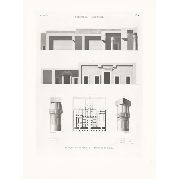 Thebes. Kurna. Plan, sections and details of the palace capitals