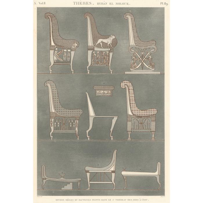 Byban El-Molouk. Various painted seats and armchairs in the fifth tomb of the kings in the east