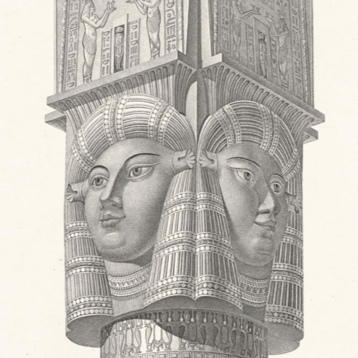 Dendérah. Détail colorié d’une colonne du portique. Profil et plan de la colonne