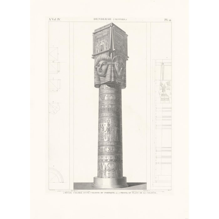 Dendérah. Détail colorié d’une colonne du portique. Profil et plan de la colonne