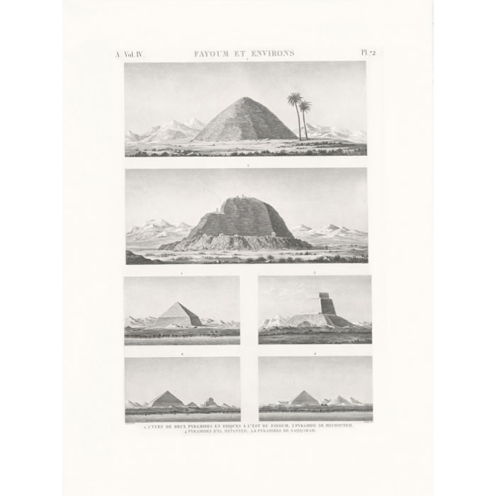 View of two brick pyramids east of Faiyum. Pyramids of Meydouneh. Pyramids of El-Metanyeh. Pyramids of Saqqara - Une estampe d’après Edmé-François Jomard