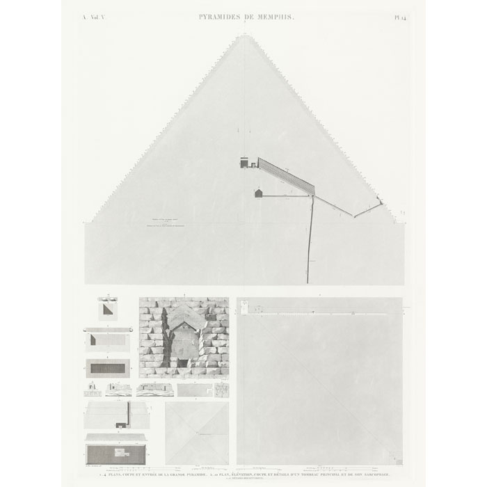 Plan, section and entrance of the great pyramid. Plan, section and elevation and details of a main tomb and its sarcophagus. Details of the surroundings