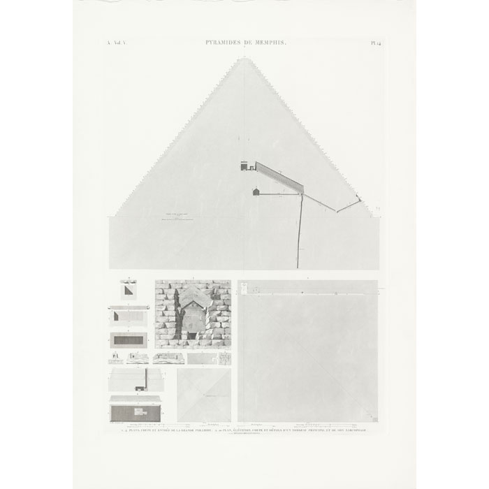 Plan, section and entrance of the great pyramid. Plan, section and elevation and details of a main tomb and its sarcophagus. Details of the surroundings