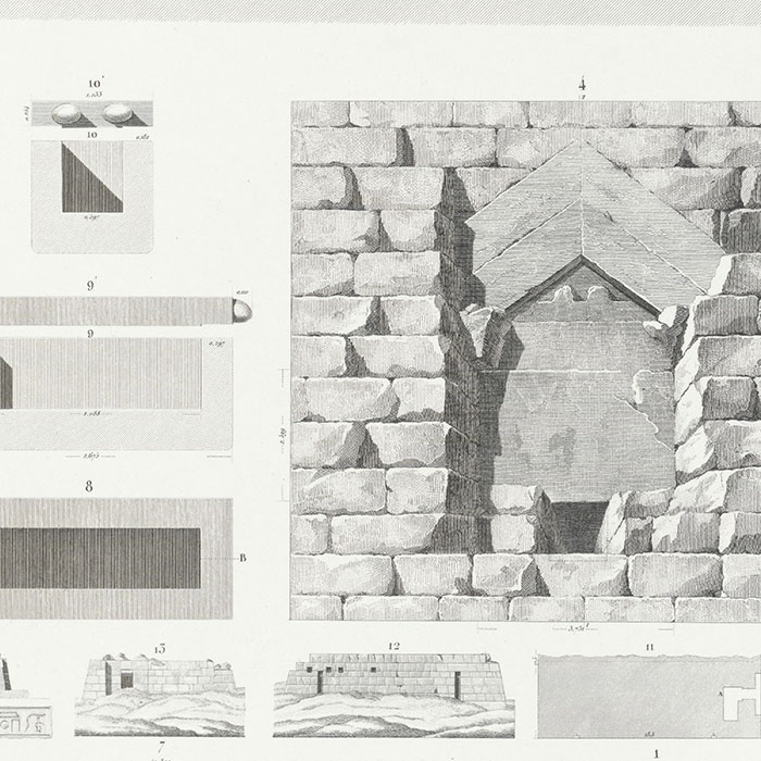 Plan, section and entrance of the great pyramid. Plan, section and elevation and details of a main tomb and its sarcophagus. Details of the surroundings