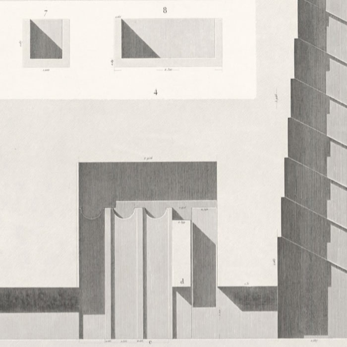 Plan and elevation of the north-east corner of the great pyramid. Plan and section of the entrance and details of the sarcophagus from the upper room