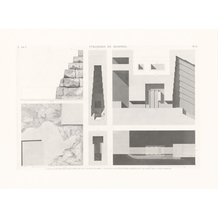 Plan and elevation of the north-east corner of the great pyramid. Plan and section of the entrance and details of the sarcophagus from the upper room