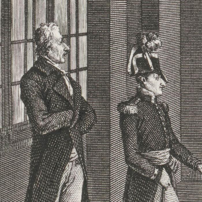 Le Caire : coupe et vue intérieure d’une grande salle de la maison de Hasan Kâchef, destinée aux séances de l’Institut. Détails d’une porte de la cour