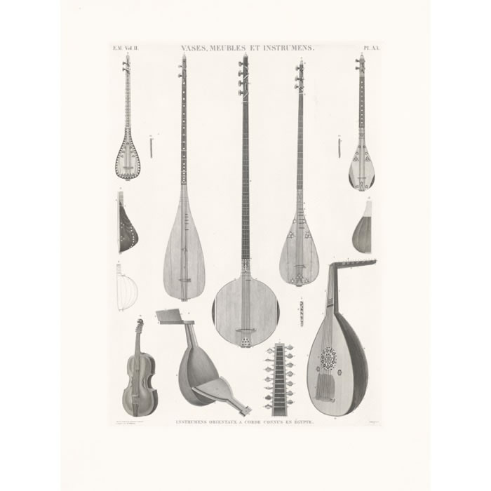 Instruments orientaux à cordes connus en Égypte - Une estampe d’après Guillaume André Villoteau