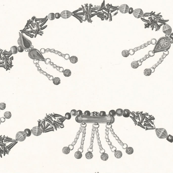 Collier arabe. Arc et détails. Flèches, bagues et gantelet pour tirer de l’arc. Carquois. Aiguière et doraq. Plateau et panier d’Abyssinie en feuilles de doum