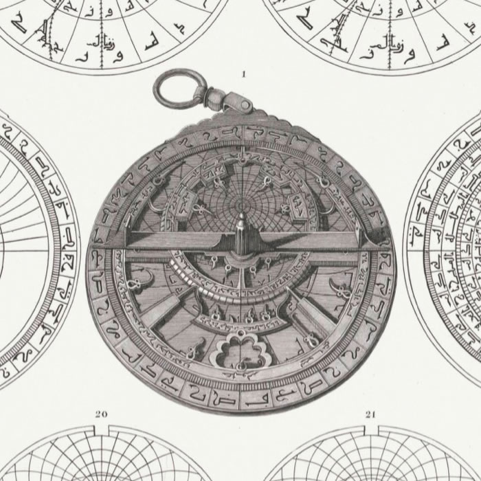 Copper Kufic astrolabe. Plates inside the astrolabe