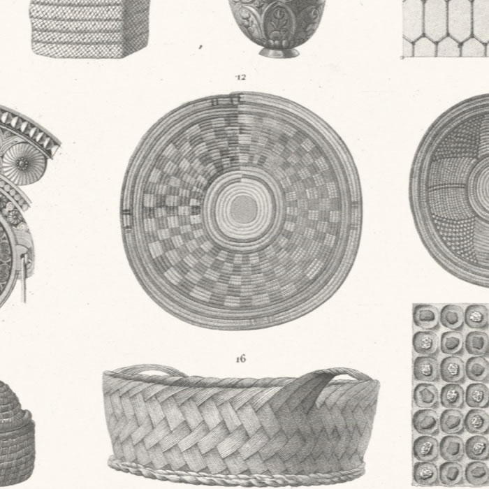 Vases, paniers et ouvrages en feuilles de palmier. Lanterne. Sygy (jeu). Ouvrage en peau. Pipes