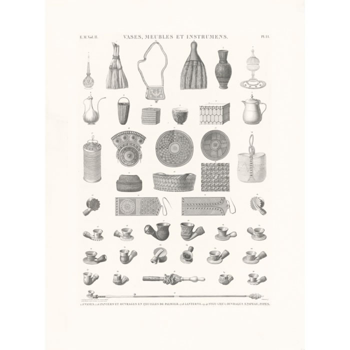 Vases, paniers et ouvrages en feuilles de palmier. Lanterne. Sygy (jeu). Ouvrage en peau. Pipes