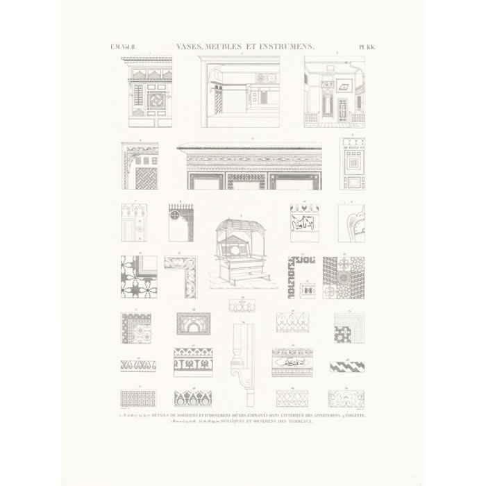 Détails de boiseries et d’ornements divers employés dans l’intérieur des appartements. Toilette. Mosaïque. Ornements des tombeaux