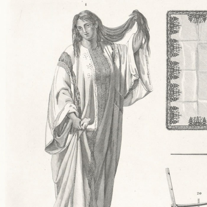 Bathing tunic. Silk Almah dress. Burqa. Handkerchiefs. Mhâeh. Seggadeh. Bathing slipper. Sandals. Plough