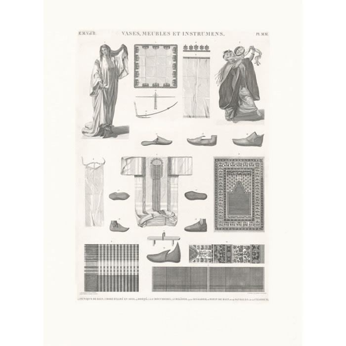 Bathing tunic. Silk Almah dress. Burqa. Handkerchiefs. Mhâeh. Seggadeh. Bathing slipper. Sandals. Plough