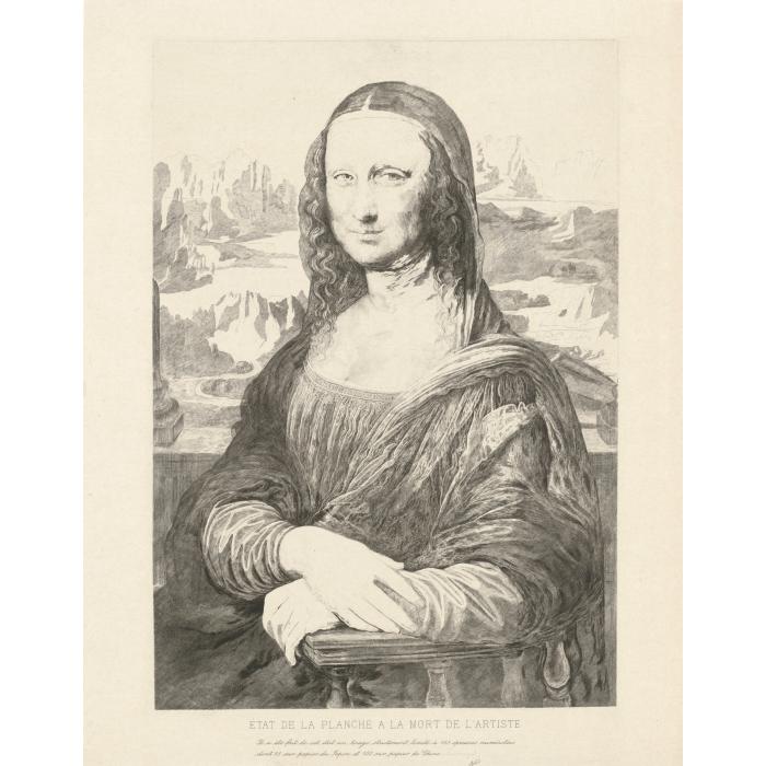 Portrait of Mona Lisa (La Giocanda). The canvas was left unfinished at the artist’s death - Une estampe d’après Leonardo da Vinci