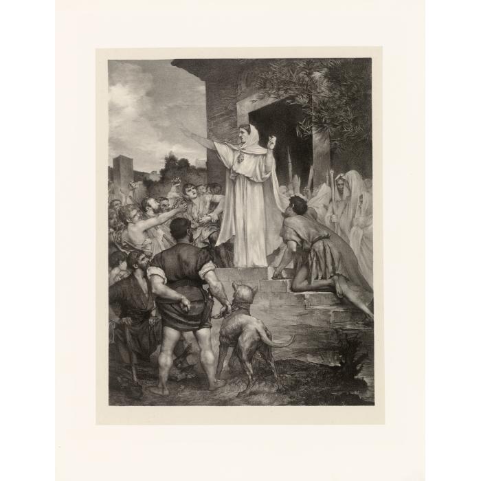 Sainte Geneviève rend la confiance et le calme aux Parisiens menacés par Attila - Une estampe d’après Élie-Jules Delaunay