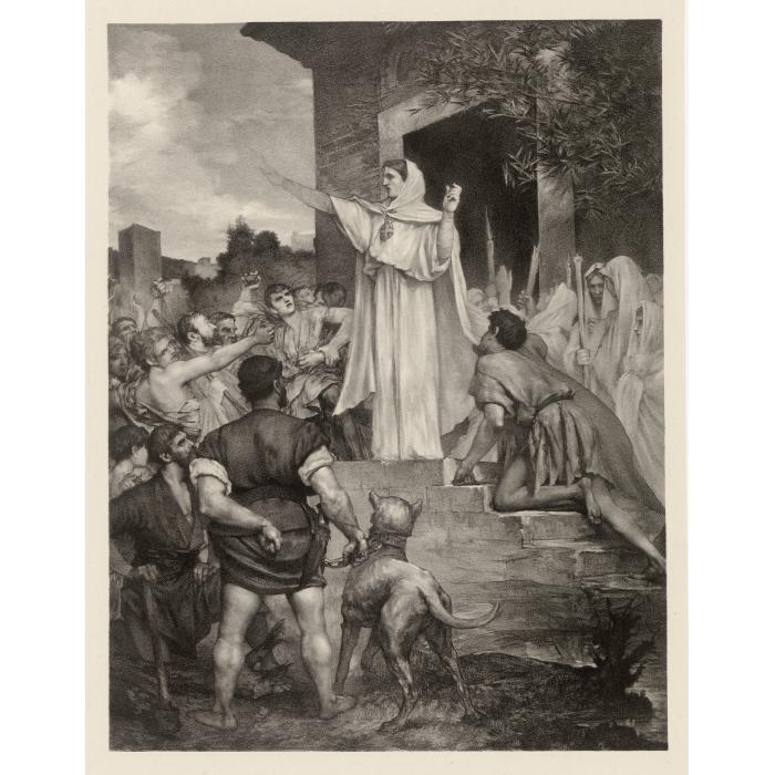 Sainte Geneviève rend la confiance et le calme aux Parisiens menacés par Attila - Une estampe d’après Élie-Jules Delaunay