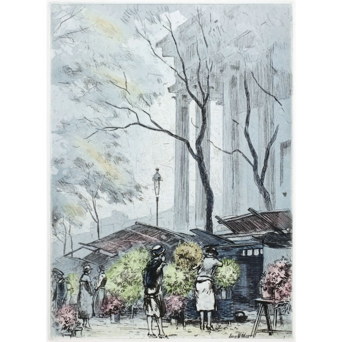 La place de la Madeleine (marché aux fleurs) - Une estampe d’après Eugène Véder