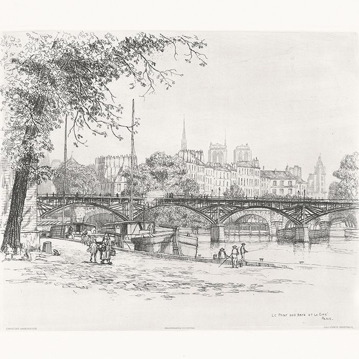 Le pont des Arts et la Cité à Paris - Une estampe d’après Caroline Armington