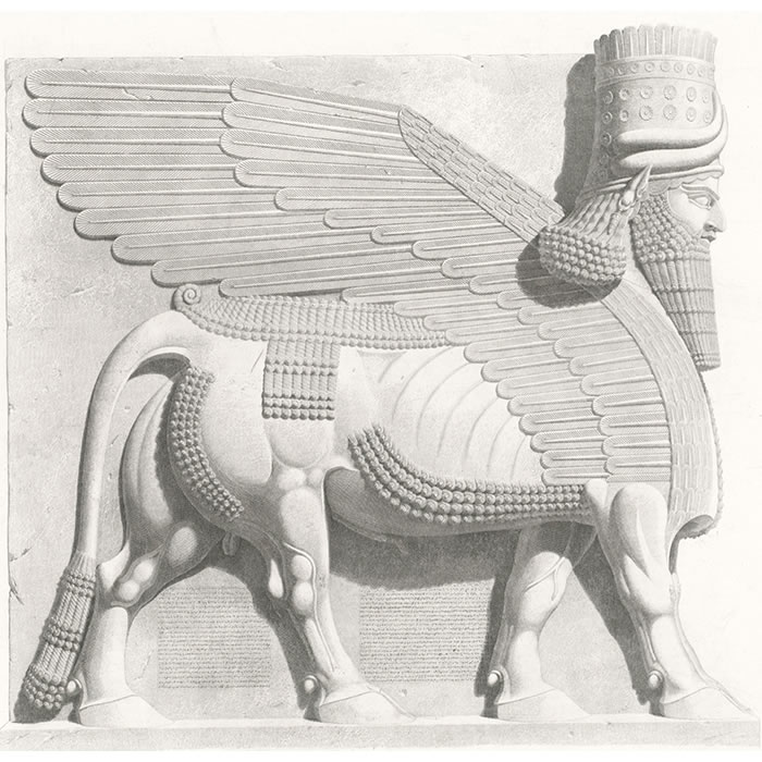 Bas-relief; façade m, door K. Winged bull with human head, walking on four legs and viewed in profile - Une estampe d’après Eugène Flandin