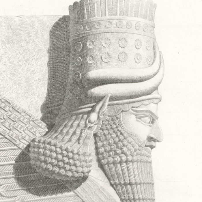 Bas-relief; façade m, door K. Winged bull with human head, walking on four legs and viewed in profile - Une estampe d’après Eugène Flandin