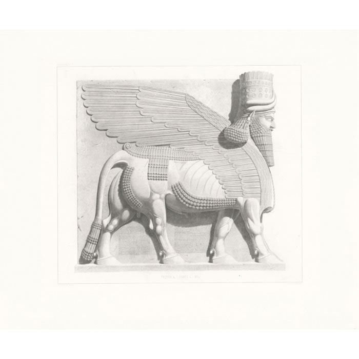 Bas-relief; façade m, door K. Winged bull with human head, walking on four legs and viewed in profile - Une estampe d’après Eugène Flandin