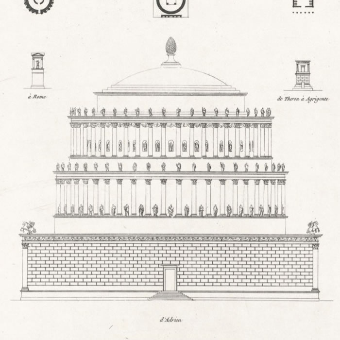 Elevations, sections and plans of various Roman tombs (Capua, Planzia, Palmyra, Metella, tombs of Augustus and Hadrian, Trajan’s Column, etc.) - Une estampe d’après Jean Nicolas Louis Durand