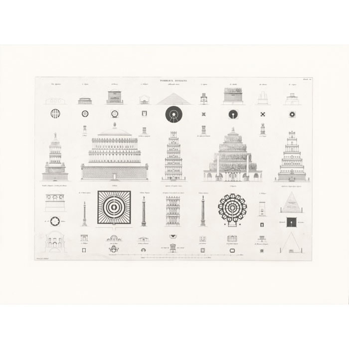 Elevations, sections and plans of various Roman tombs (Capua, Planzia, Palmyra, Metella, tombs of Augustus and Hadrian, Trajan’s Column, etc.) - Une estampe d’après Jean Nicolas Louis Durand