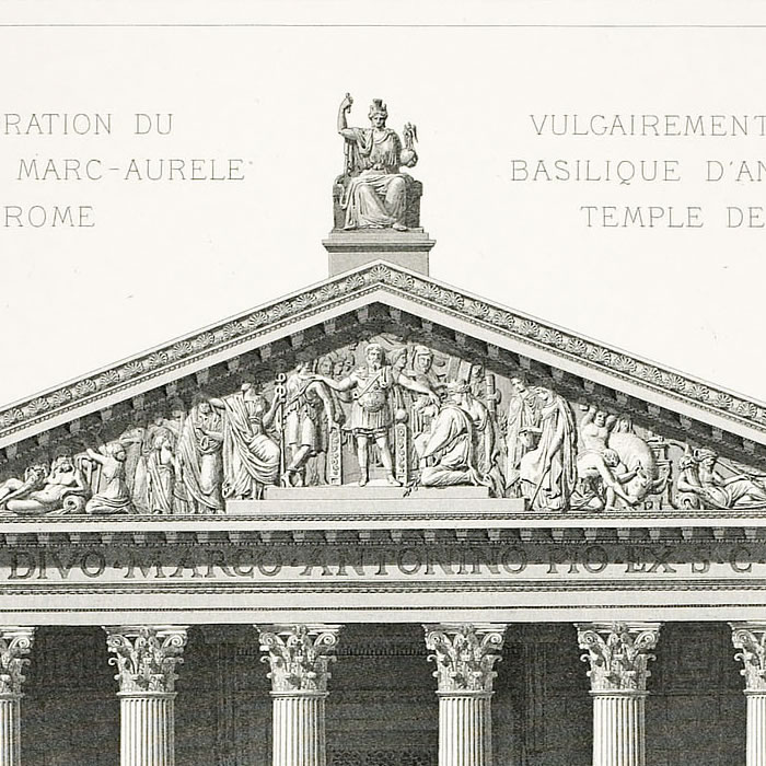 Restoration of the Temple of Marcus Aurelius in Rome, commonly referred to as the Basilica of Antoninus or the Temple of Marcus, elevation of the restored main façade; restored plan - Une estampe d’après André Villain