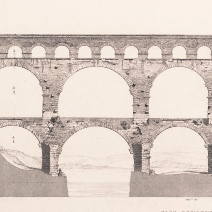 Western side and plans of the Pont du Gard  - Une estampe d’après Charles-Auguste Questel