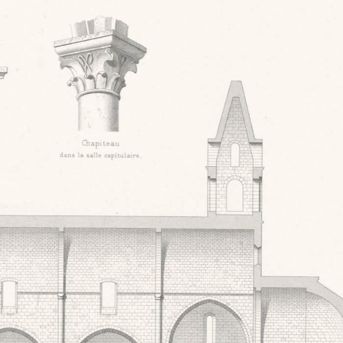 Abbaye du Thoronet, seen from one of the cloister galleries ; section on EF; altar; capital in the chapter room; section on AB - Une estampe d’après Charles-Auguste Questel
