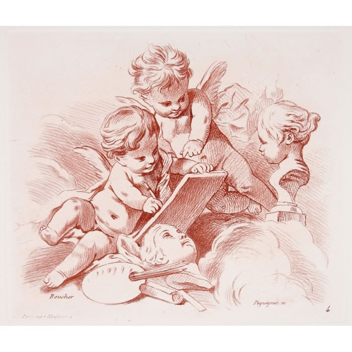 Two cupids with the attributes of painting and sculpture - Une estampe d’après François Boucher