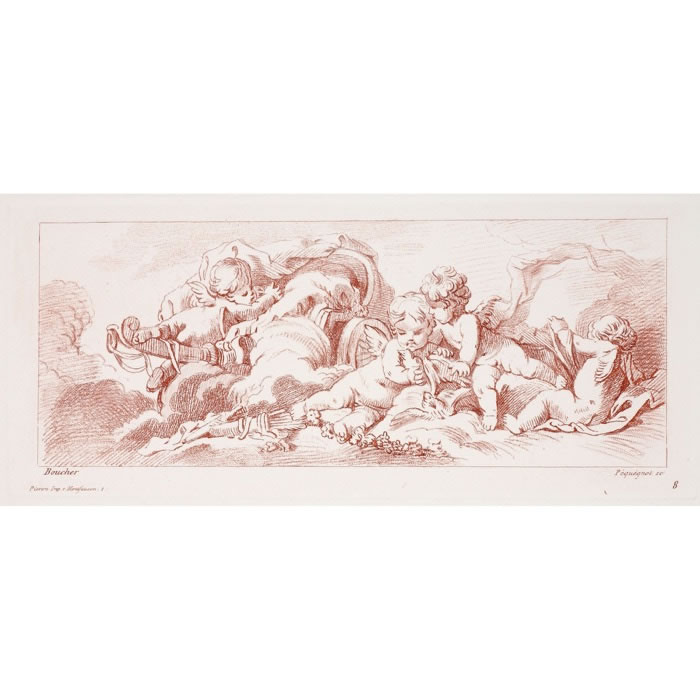 Four cupids with a chariot and quiver - Une estampe d’après François Boucher