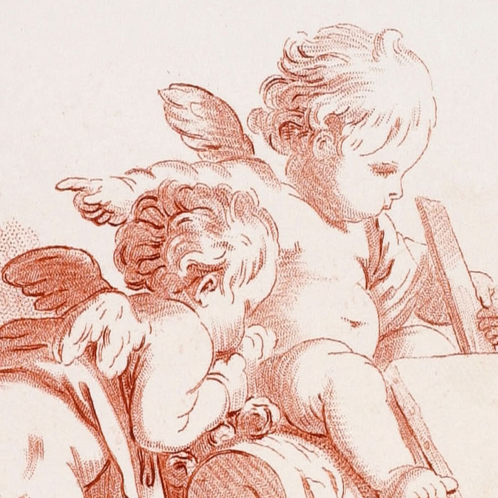 Three cupids with the attributes of the arts - Une estampe d’après Jean-Baptiste Huet