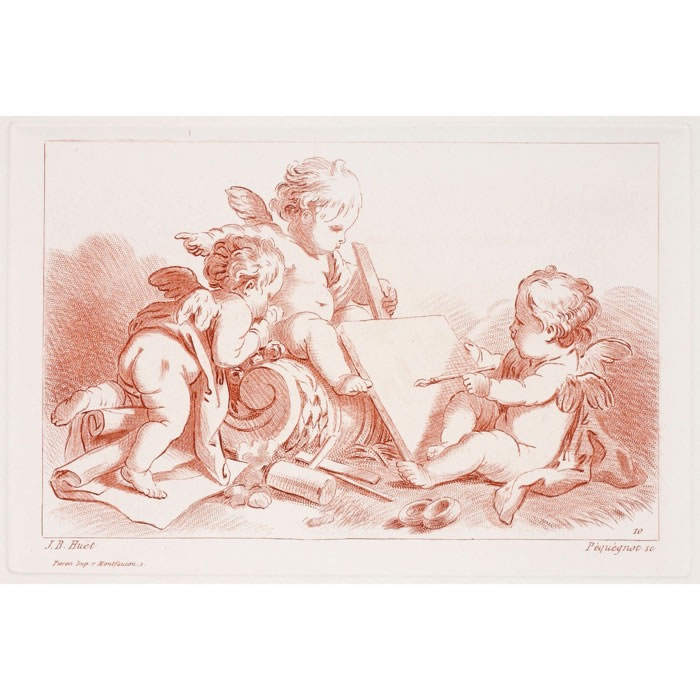 Three cupids with the attributes of the arts - Une estampe d’après Jean-Baptiste Huet