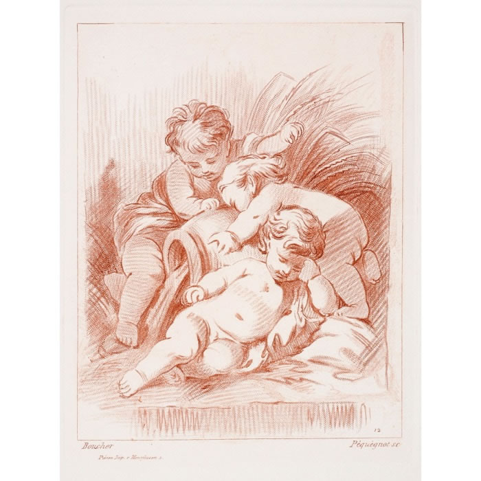 Three cupids with an urn tipped over - Une estampe d’après François Boucher