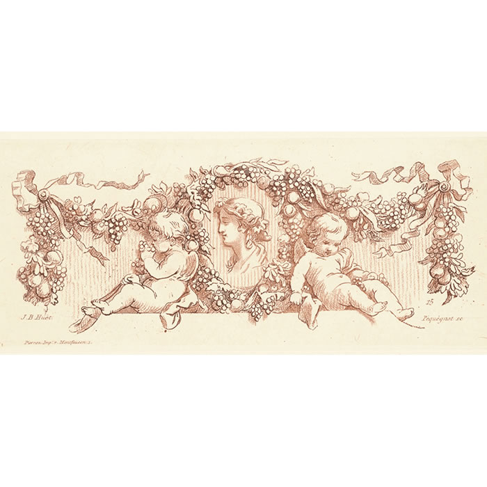 Deux amours autour d’un médaillon avec des fruits et des grappes de raisins - Une estampe d’après Jean-Baptiste Huet