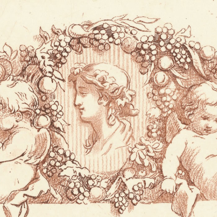 Deux amours autour d’un médaillon avec des fruits et des grappes de raisins - Une estampe d’après Jean-Baptiste Huet