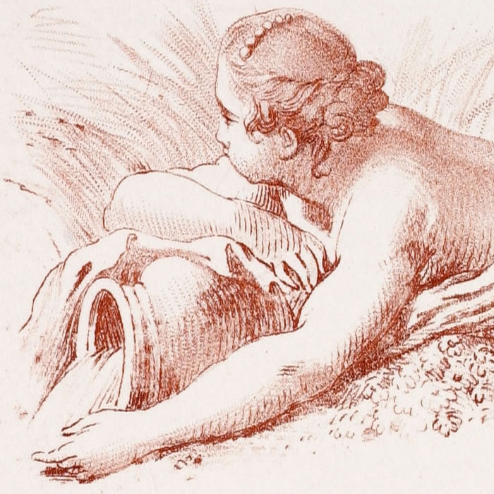 Femme nue couchée sur le ventre tenant un vase - Une estampe d’après François Boucher