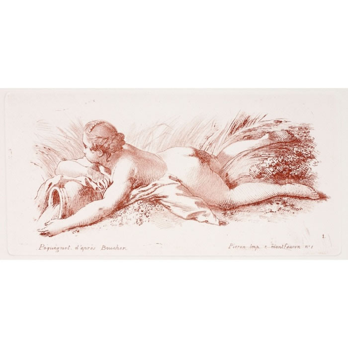 Femme nue couchée sur le ventre tenant un vase - Une estampe d’après François Boucher