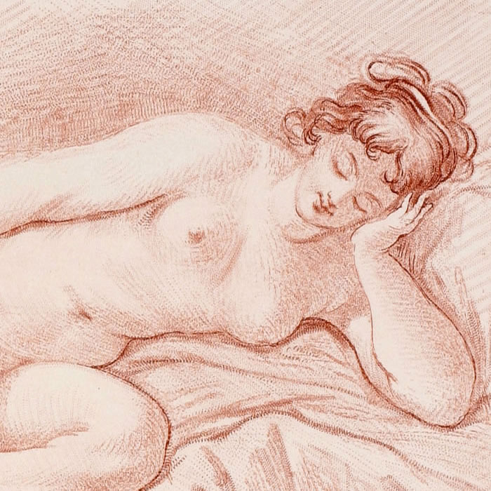 Femme nue couchée sur le côté, appuyant son visage sur sa main - Une estampe d’après François Boucher