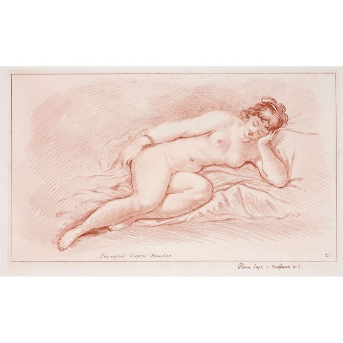 Femme nue couchée sur le côté, appuyant son visage sur sa main - Une estampe d’après François Boucher